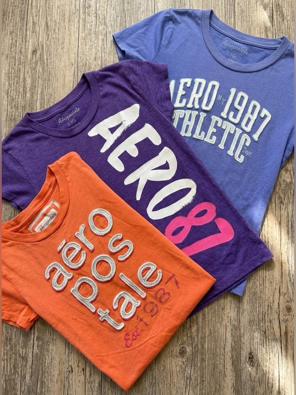 3 AEROPOSTALE Teen Purple, Blue & Orange Graphic Tee Trio Bundle - Size M/L